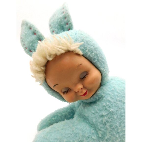 Vintage Light Blue Easter Bunny Rabbit Plastic Sleeping Baby Doll Face Plush - Picture 2 of 6